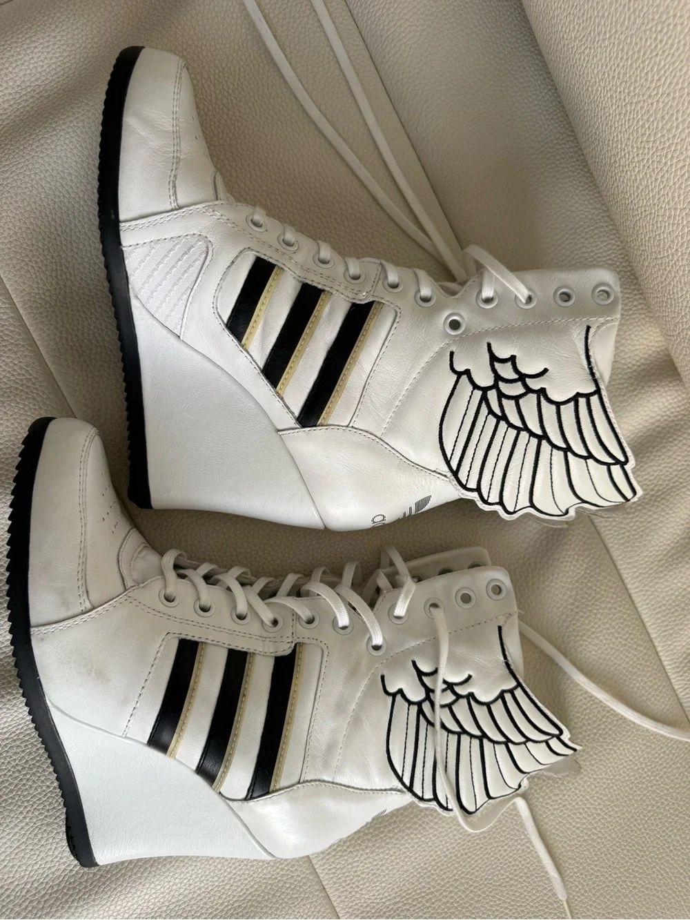 Jeremy Scott White Wedge Sneakers with Black and Gold Stripes and Wing Detail 10